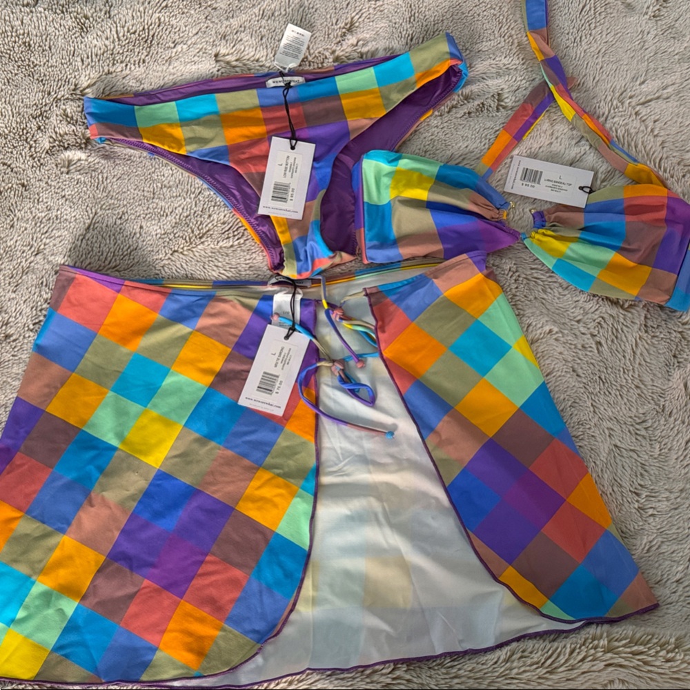 We Wore What Colorful Gingham Bikini Set with Cover-Up